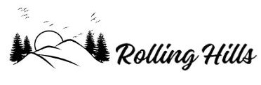 Logo of "Rolling Hills" featuring a minimalistic design of a sun rising behind hills with pine trees and birds in silhouette.