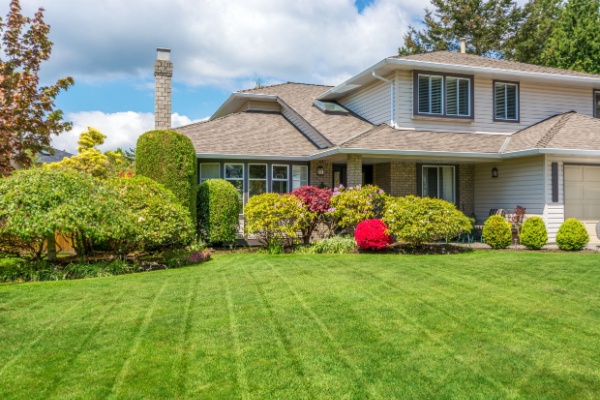 A well-maintained suburban home with a two-story structure and a neatly trimmed lawn. The front yard features a variety of shrubs and vibrant flowers. The house has large windows and a chimney, set against a backdrop of blue skies and trees.
