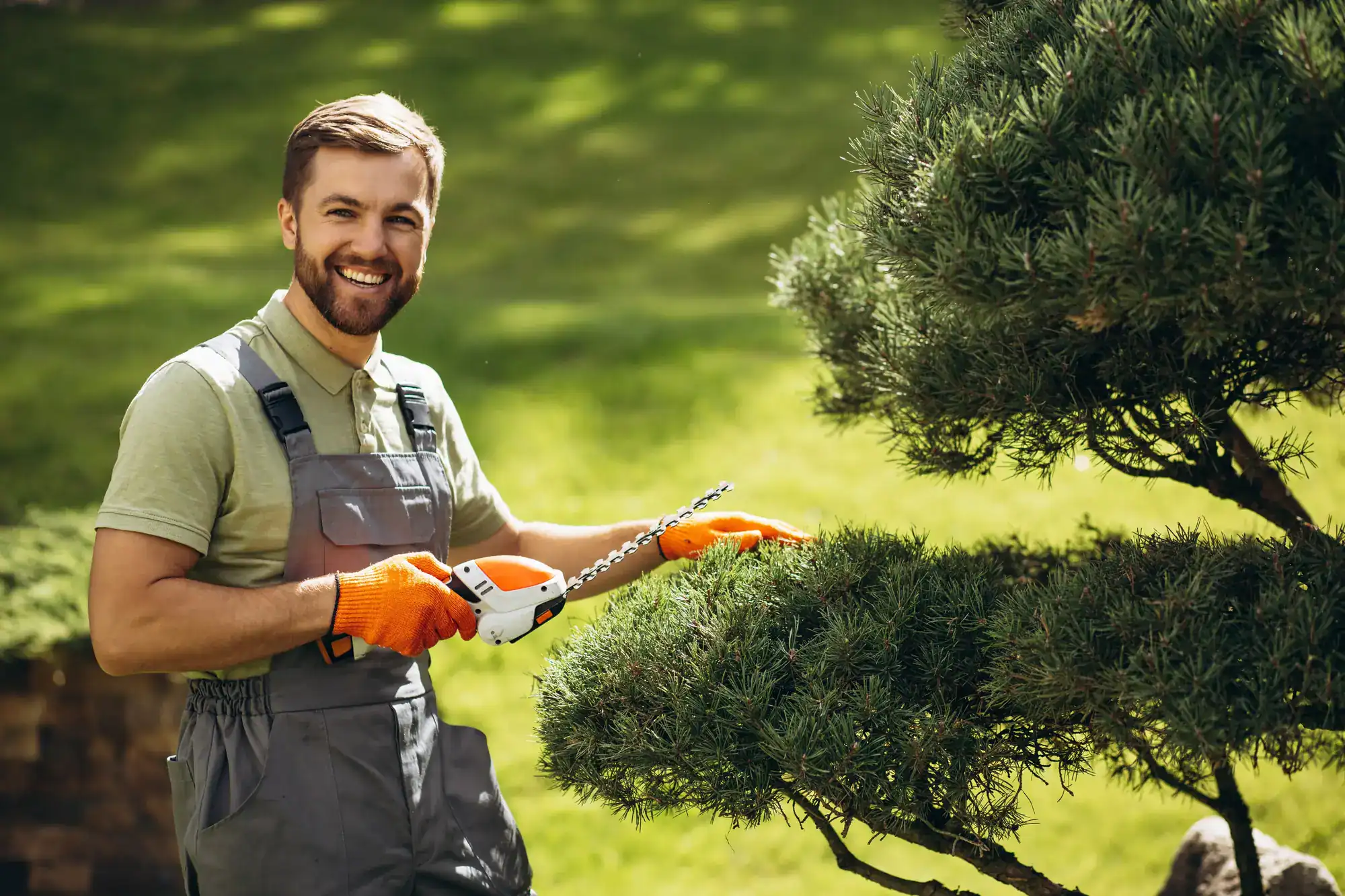 A smiling man wearing overalls and orange gloves trims a bush with electric hedge clippers in a sunny garden.