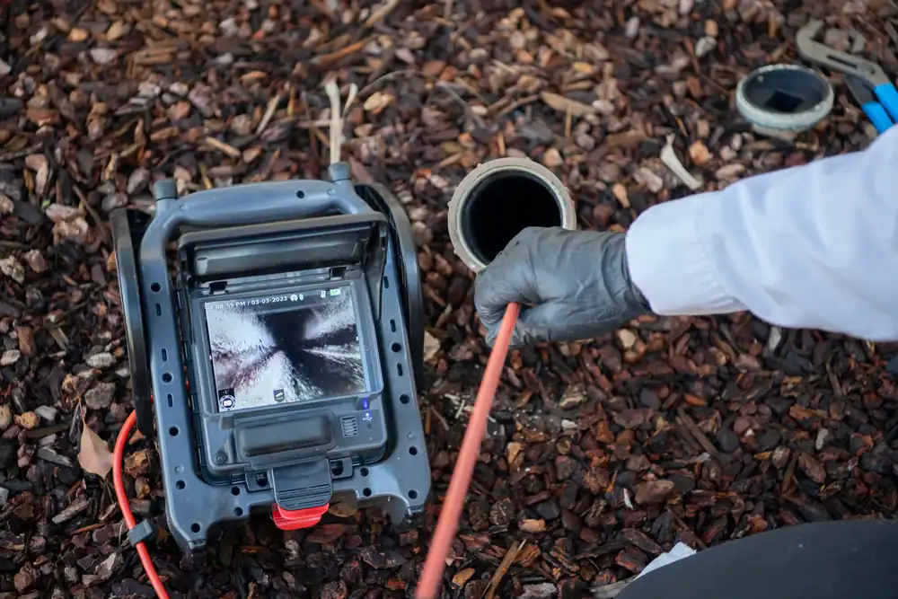 A person wearing a glove inserts a cable camera into a pipe outdoors, while a nearby monitor displays the inside view of the pipe. The ground is covered with wood chips and some tools are visible.
