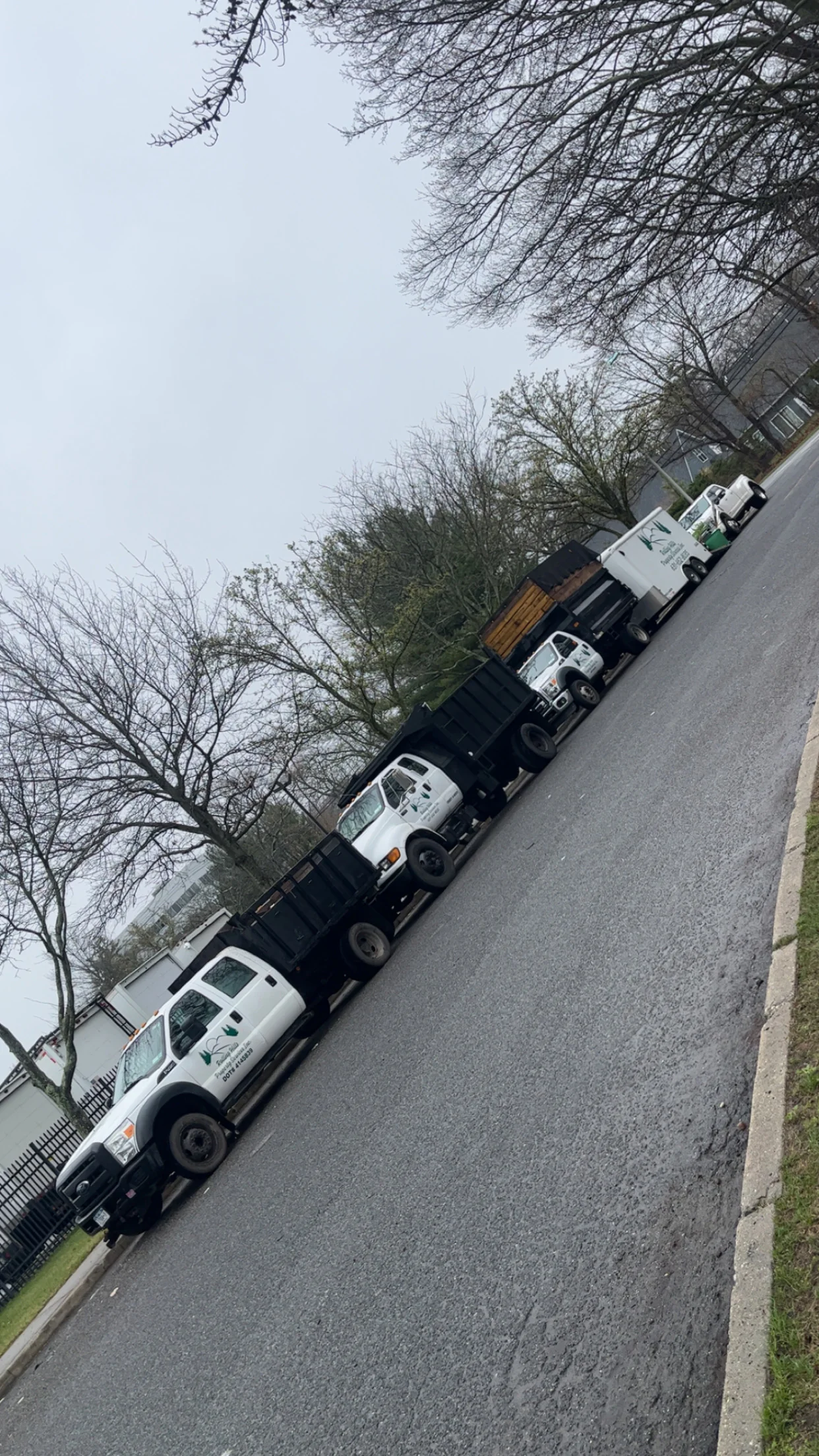 Four work trucks are parked in a row on a suburban street near leafless trees under a cloudy sky.
